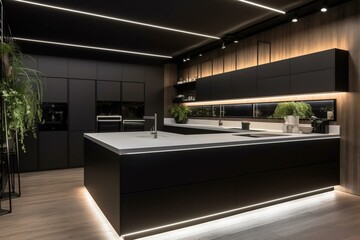 Modern kitchen in white against a black wall, with indirect golden LED lighting. Generative AI - obrazy, fototapety, plakaty