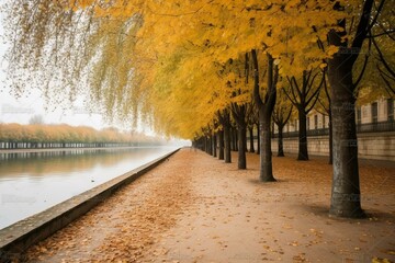 Paris park with autumn foliage, alley, lake. Generative AI