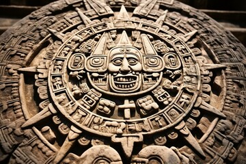 Close-up of ancient Aztec Mayan calendar carved on stone. Generative AI