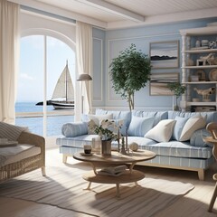 Design a coastal-inspired living room with nautical decor and a sea view