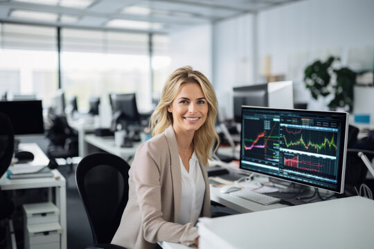 Beautiful blonde young businesswoman or accountant smile in open office behind desk and computer with finance diagrams on screen