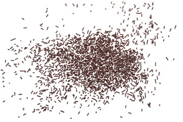 Chocolate sprinkles scattered, granules isolated on white background and texture, top view