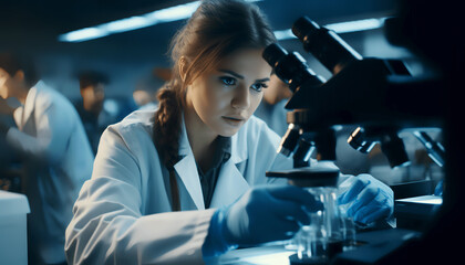 Woman laboratory assistant tests multifunctional microscope, modern technology, gloves, doctors