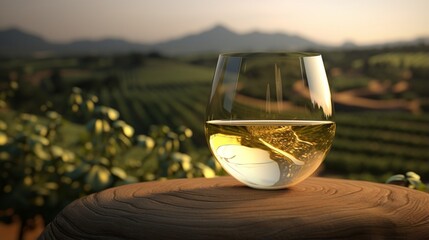 Glass of white wine on a barrel in the countryside.