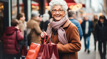A joyful older woman holds shopping bags against the backdrop of a city street , Concept of shopping, sales season