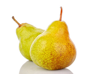 Two juicy sweet pears, macro, isolated on white background.