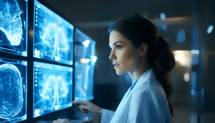 Determined female neurologist in medical hospital, neuroscientist, screen scan, brain map - obrazy, fototapety, plakaty