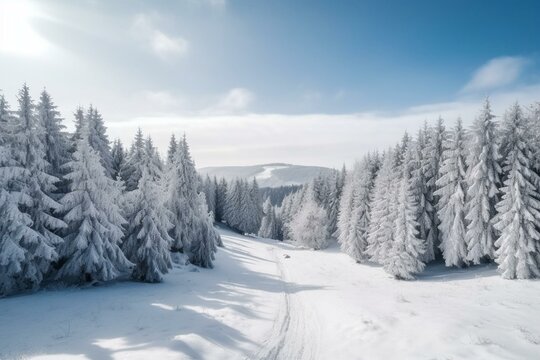 Beautiful snowy landscape with coniferous trees. Ski resort in Ukraine. Exotic winter scene. Winter holiday wallpaper. Generative AI