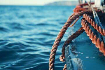 Detailed view of sailing knot on boat against serene blue sea. Generative AI