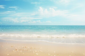 Fototapeta na wymiar Blurred bokeh seascape featuring calm sea, sky, and sand in the foreground. Generative AI