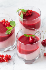 Delicious Italian dessert panna cotta with red berry sauce, fresh cherries, currant and mint leaves in a glass on the white background.