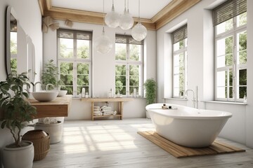 Fototapeta na wymiar Bright and natural bathroom with bathtub and twin washbasins. Generative AI