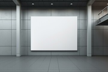 Empty square advertising billboard indoors with white light on a gray wall background. Generative AI
