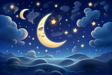 Obraz na płótnie Canvas Cartoon moon illuminating night sky with stars over a space background. Halloween-themed illustration. Generative AI