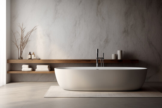 3d rendering of a bathroom with a bathtub and plant, in the style of monochromatic harmony