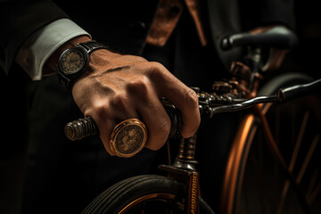 A close-up of a person's hand gripping the handlebars of a penny-farthing bicycle, a unique cycling...