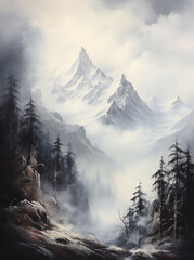 snow and trees around a mountain, generative ai 