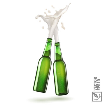 two green beer bottle toasting creating splash, 3D realistic vector set