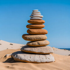 Fototapeta na wymiar Stack of balanced stones on beach