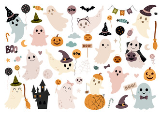 Cute Halloween ghost clipart in flat style. Kids Halloween clipart for nursery prints, decor, party. Vector illustration