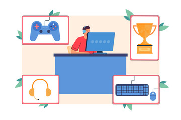 Professional gamer playing computer game vector illustration. Console controller, headphones, keyboard with mouse, competitive trophy for winning gaming competition. Gaming and esports concept
