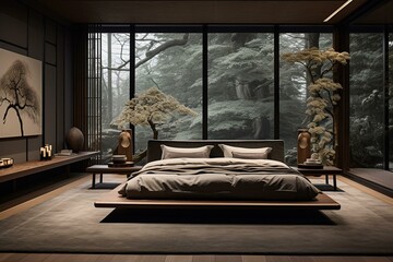Sleek Japanese-themed bedroom adorned with bonsai, slatted panels, and wooden parquet flooring, featuring a refined grey bed. Generative AI - obrazy, fototapety, plakaty
