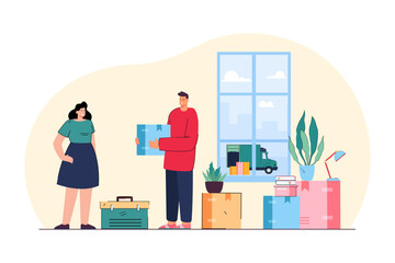 Happy couple packing essentials vector illustration. Man and woman holding cardboard boxes, moving to new house, moving truck waiting outside. Relocation, property, housing concept