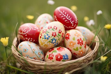 Easter Eggs in Wicker Basket on Green Grass