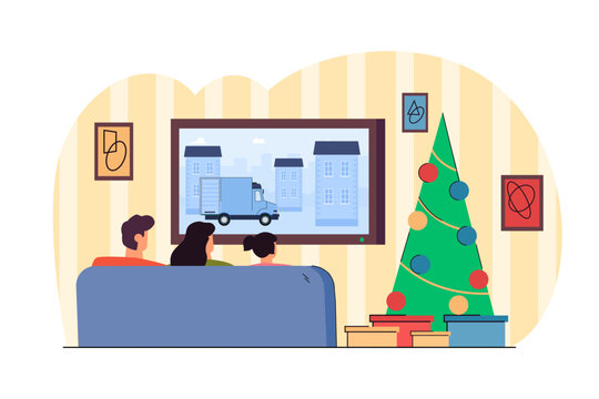 Family having movie night together vector illustration. Mother, father and child gathering in front of TV screen in living room, gift boxes under Christmas tree. Family reunion, holiday concept
