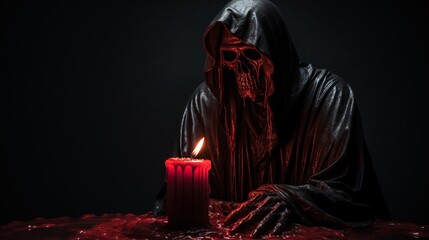 Scary grim reaper standing behind a melting and burning candle doing dark ceremony on haunting black background with copy space, Halloween event scene and poster backdrops. - obrazy, fototapety, plakaty
