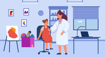 Obraz na płótnie Canvas Child checkup at doctor office vector illustration. Pediatrician examining young girl with stethoscope, play area with box of toys in office. Child-friendly health care, medicine concept