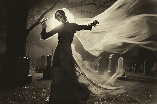 A skeleton ghost in vintage style clothes, dancing gracefully in moonlight in a graveyard, Scary and haunting Halloween background or poster design,  black and white surreal scene idea.