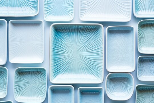 Light blue ceramic trays displayed on white background, top view of empty rectangle trays, for product display and pose.