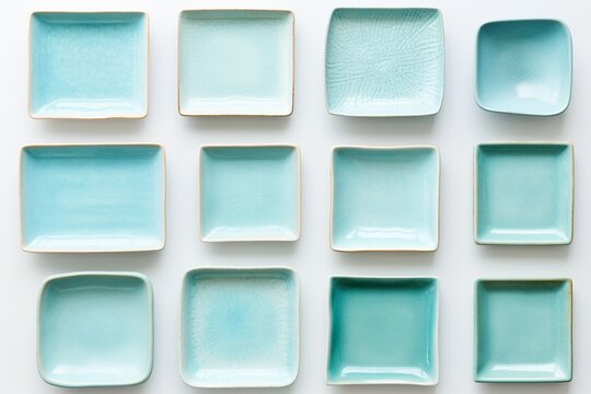 Light blue ceramic trays displayed on white background, top view of empty rectangle trays, for product display and pose.