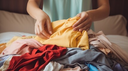 Woman dealing with piles of clothes at home, laundry, housework, old clothes recycle concept, with copy space.