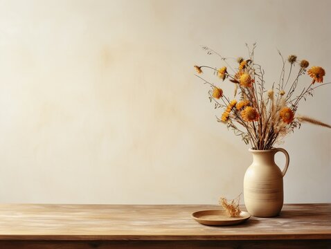 Dried flowers bouquet in the ceramic vase isolated on wooden table near vintage style painted wall, with copy space.