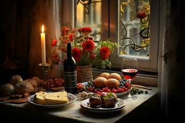 Table, plate, food, bottle, wine, window, candles, windowsill, table. Generative AI