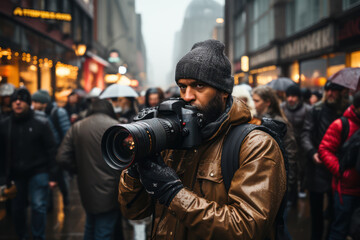In a city street's midst, people excitedly point and photograph UAPs during a sighting. Generative AI.