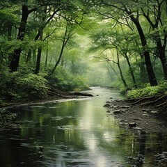 a calm river winding its way through a tranquil forest during a monsoon with the rain-kissed leaves reflecting in the water
