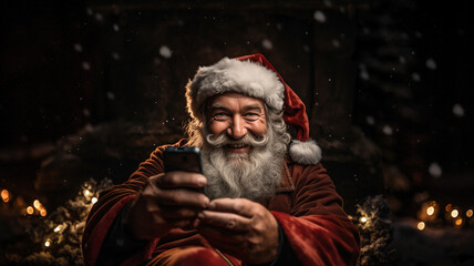 Fototapeta na wymiar Christmas, even Santa Claus takes selfies with his phone