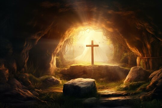 An image depicting the resurrection of Jesus Christ, showing an empty tomb with crosses in the background, associated with the concepts of Easter and resurrection. Generative AI