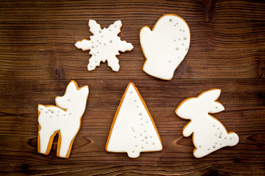 White Christmas cookies pattern, top view. New Year decoration
