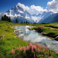 a captivating summer landscape with Lac Blanc as the centerpiece and Mont Blanc's grandeur in the background