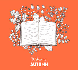 Cozy Autumn. Hand drawn vector illustration. Design elements. open book, twigs, and autumn leaves. Hand drawn sketch.