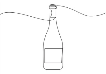 Wine bottle and drawing with one continuous line. One continuous line of a bottle and wine glass. Vector illustration.