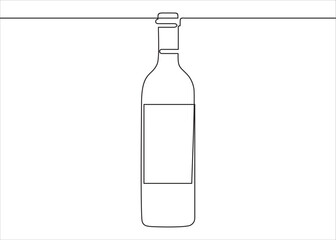 Wine bottle and drawing with one continuous line. One continuous line of a bottle and wine glass. Vector illustration.