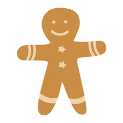 Hand drawn cute cartoon illustration of gingerbread cookie man. Flat vector Christmas ginger snap sticker in colored doodle style. New Year, Xmas character icon or print. Isolated on background.