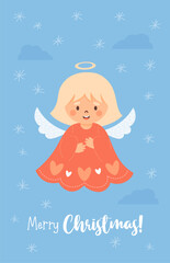 Little Christmas angel girl. Merry Christmas postcard in cartoon style. Vector vertical illustration. Cute new year kids collection, holiday design, decor.