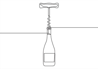 Bottle of wine with corkscrew in continuous line art drawing style. Minimalist black linear sketch isolated on white background. Vector illustration