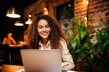 Smiling Latina brunette architect making a work call with a laptop from a coffee shop. AI Generated